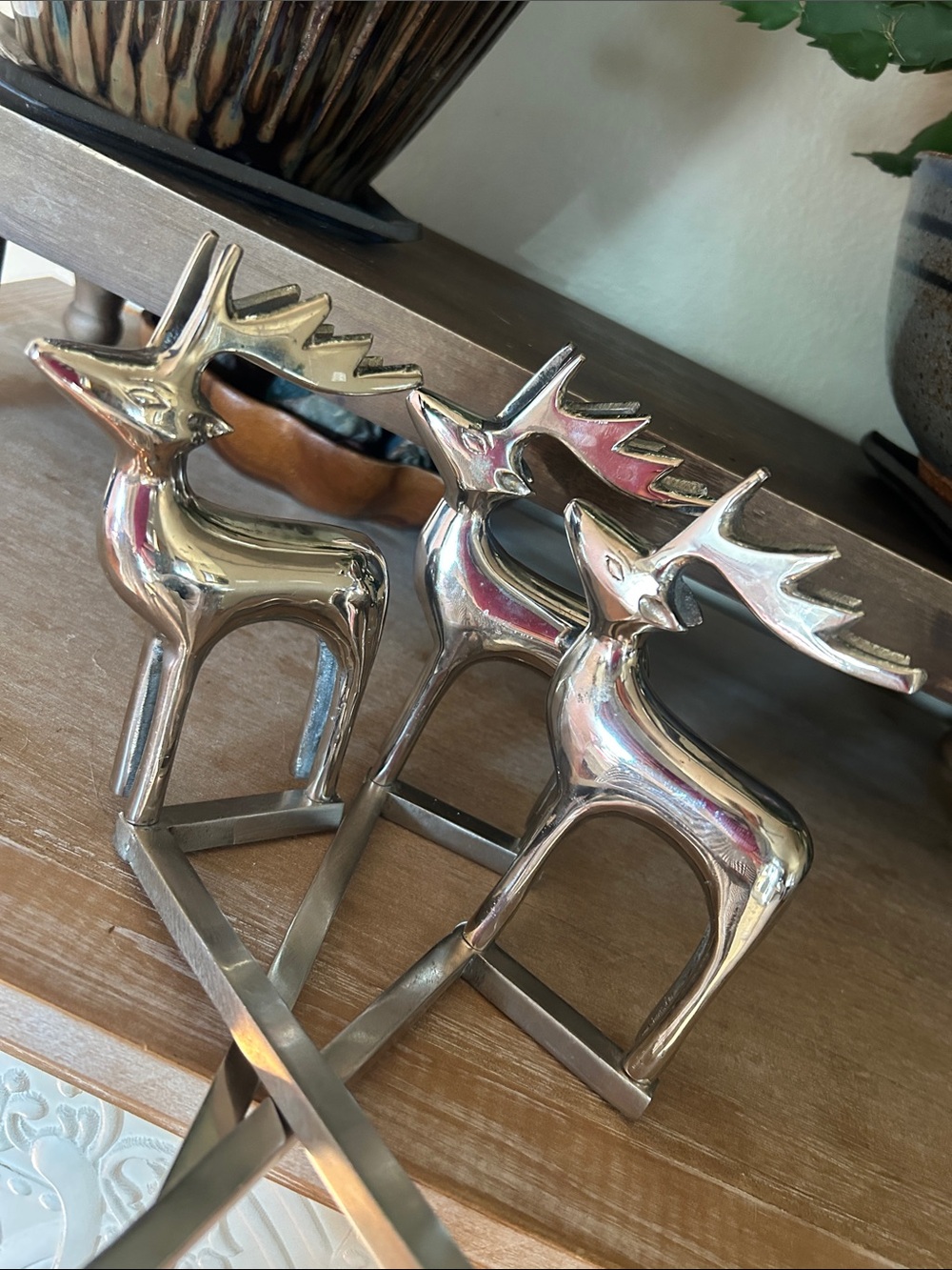 3 Vintage Deer Reindeer Christmas Stocking Holder Long Arm Mantle Hook